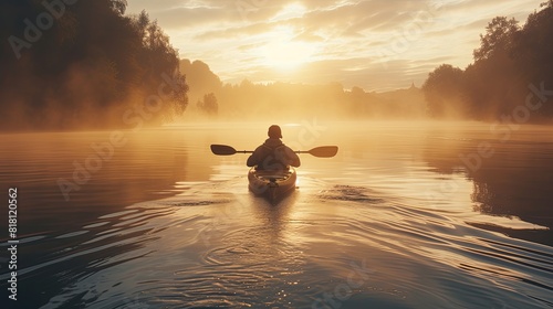 Person gliding effortlessly through the glassy waters of a tranquil river in a kayak