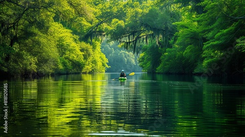 Person kayaking peacefully along a tranquil river, with the calm waters reflecting the surrounding lush greenery and towering trees photo