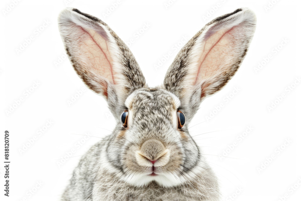 A rabbit with its ears flopped over its face, looking goofy, isolated on a white background