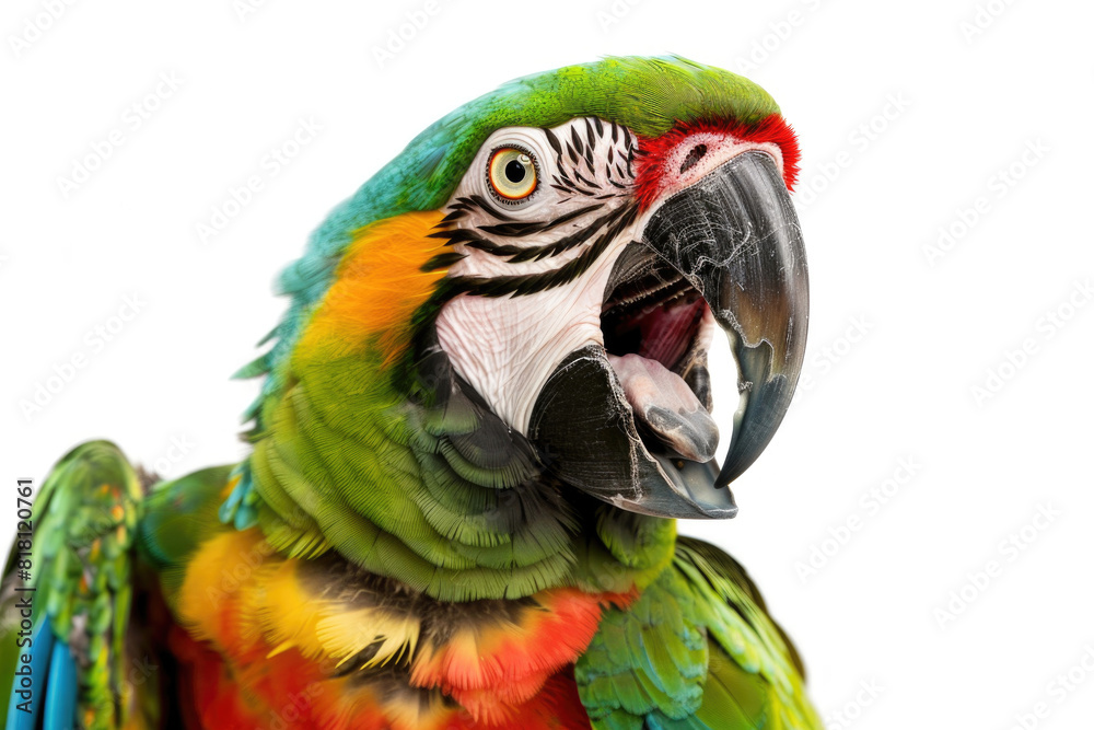 A parrot mimicking a human laugh, beak open, isolated on a white background
