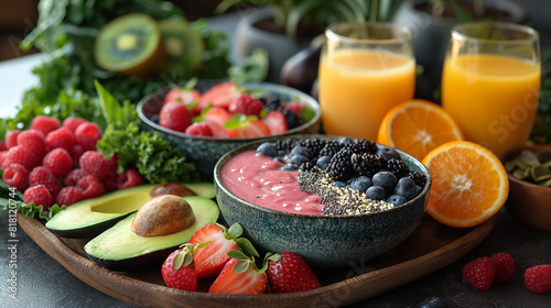 A beautifully arranged breakfast table featuring a variety of nutrient-dense options such as avocado toast, a colorful smoothie bowl topped with fresh fruits and seeds, and a glass of freshly squeezed