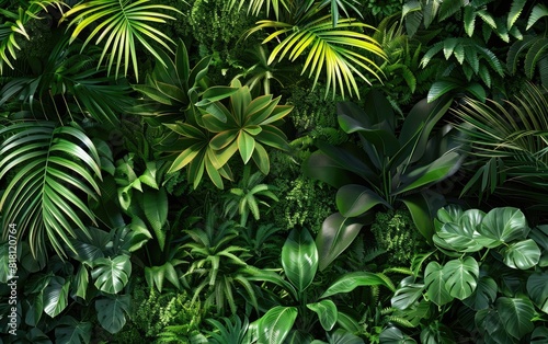 Lush green foliage background with dense tropical trees and bushes.