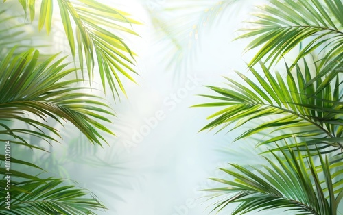 Lush green palm fronds against a clear  bright background.