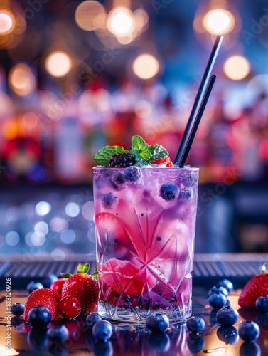 xotic cocktail with purple liquid, garnished with fruit and mint leaves, black straws in the glass, blueberries and strawberries around the drink,  photo