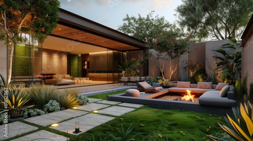 Modern home garden featuring a streamlined fire pit area  minimalist seating  and ambient lighting