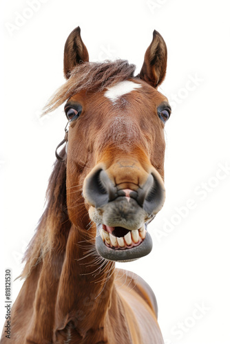 A horse grinning broadly, showing teeth, isolated on a white background © Veniamin Kraskov