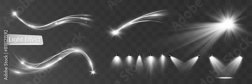 Light white wave and spotlight,meteor shine effect,vector glow line sparkle shine. Silver wavy effects