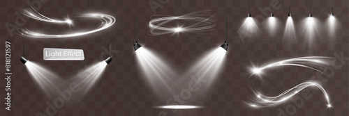 Light white wave and spotlight,meteor shine effect,vector glow line sparkle shine. Silver wavy effects
