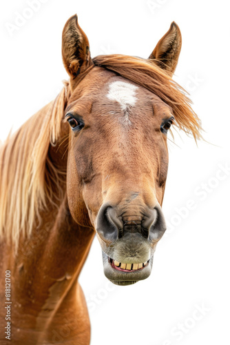 A horse grinning broadly  showing teeth  isolated on a white background