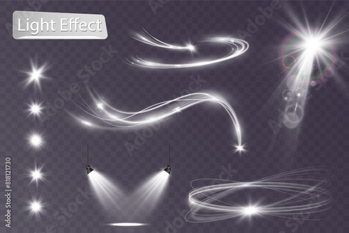 Light white wave and spotlight,meteor shine effect,vector glow line sparkle shine. Silver wavy effects