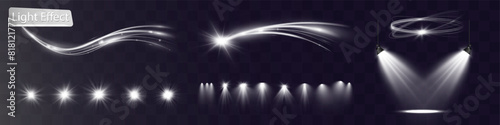 Light white wave and spotlight,meteor shine effect,vector glow line sparkle shine. Silver wavy effects