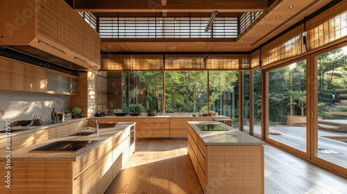 Modern Japanese kitchen with a spacious island, bamboo finishes, and a minimalist design © G.Go