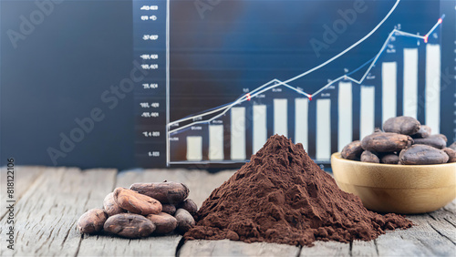 Increase in the price of cocoa. Pile of cocoa beans and cocoa powder with a background in which the price of chocolate in the market is visible. photo