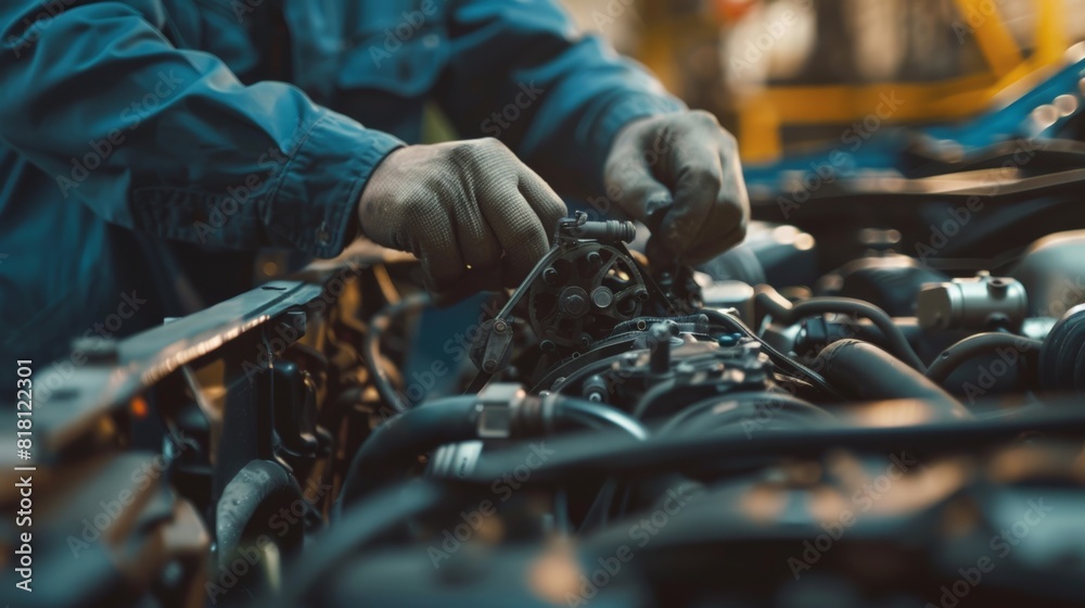 An engine mechanic meticulously inspecting a vehicle's engine for signs of wear and tear An engine mechanic meticulously inspecting a vehicle's engine for signs of wear and tear