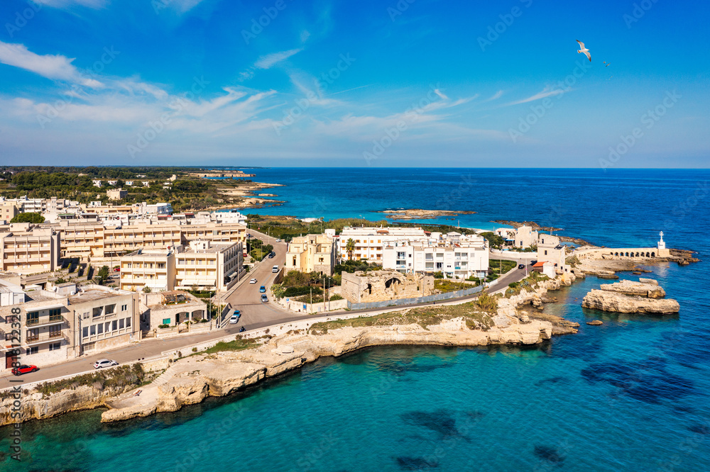 Aerial view of Otranto town on the Salento Peninsula in the south of Italy, Easternmost city in Italy (Apulia) on the coast of the Adriatic Sea. View of Otranto town, Puglia region, Italy.