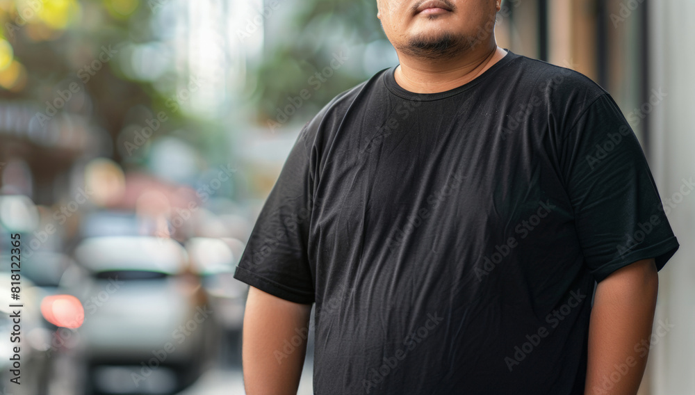 Asian Plus-size man wearing a blank black t-shirt mockup, standing confidently in an urban setting Asian Plus-size man wearing a blank black t-shirt mockup, standing confidently in an urban setting