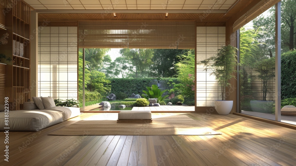 Modern Japanese living room with a clean, minimalist design, bamboo flooring, and a zen garden view