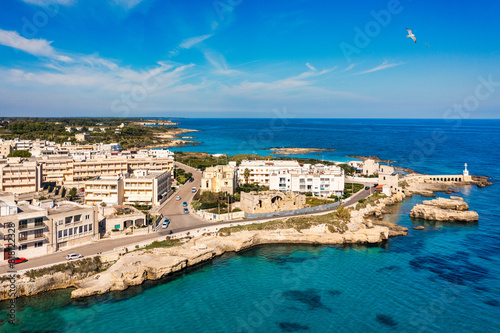 Aerial view of Otranto town on the Salento Peninsula in the south of Italy, Easternmost city in Italy (Apulia) on the coast of the Adriatic Sea. View of Otranto town, Puglia region, Italy.