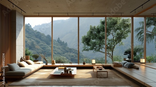 Modern Japanese living room with a clean, minimalist design, natural wood elements, and floor-to-ceiling windows