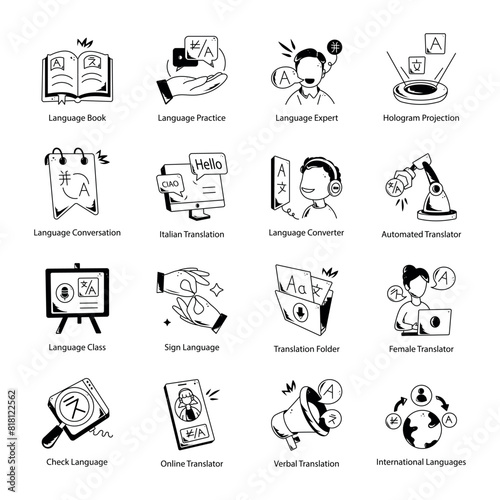 Trendy Set of Multilingualism Doodle Icons 

 photo