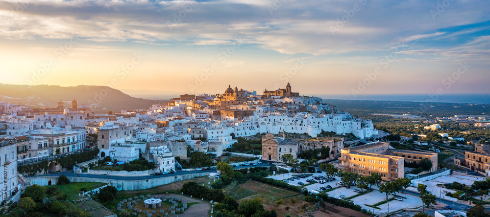 View of Ostuni white town, Brindisi, Puglia (Apulia), Italy, Europe. Old Town is Ostuni's citadel. Ostuni is referred to as the White Town. Ostuni white town skyline and church, Brindisi, Italy.