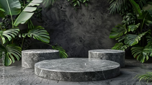 Round gray stone cosmetics product advertising podium stand with tropical leaves background. Empty natural stone pedestal platform to display beauty product. Mockup