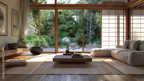 Modern Japanese living room with a clean  minimalist design  wooden elements  and a zen garden view