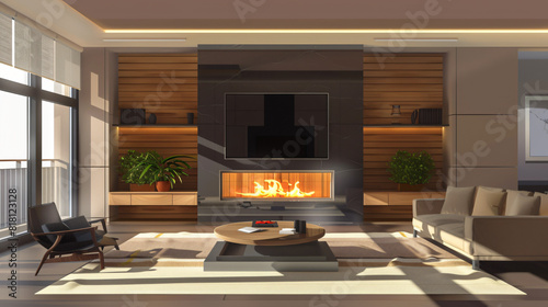 Interior of modern living room with stylish fireplace