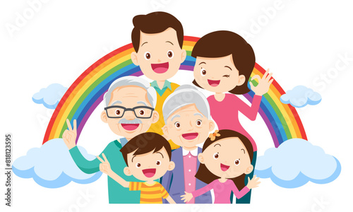 Happy big family in front of house ,rainbow