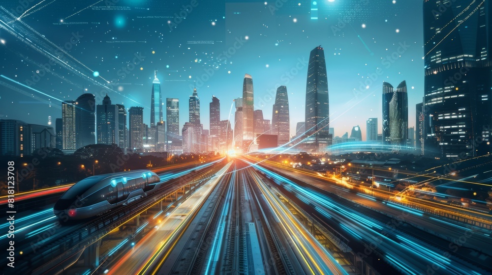 Fototapeta premium Futuristic Urban Skyline with Hyperloop Tracks and Autonomous Vehicles Under Starry Sky