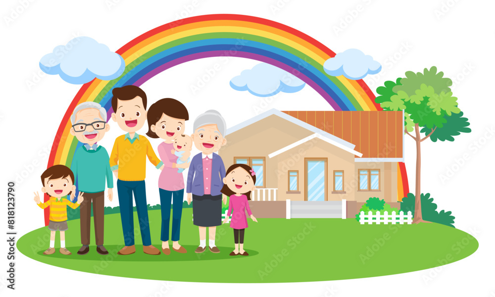 Happy big family in front of house ,rainbow Happy big family in front of house ,rainbow