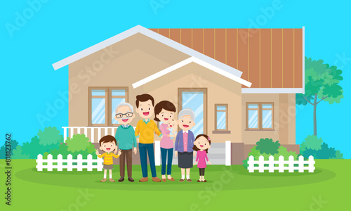 Happy big family in front of house ,rainbow © watcartoon