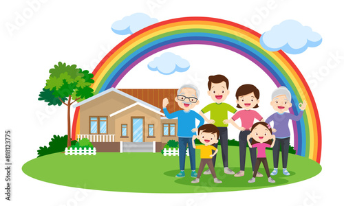 Happy big family in front of house ,rainbow