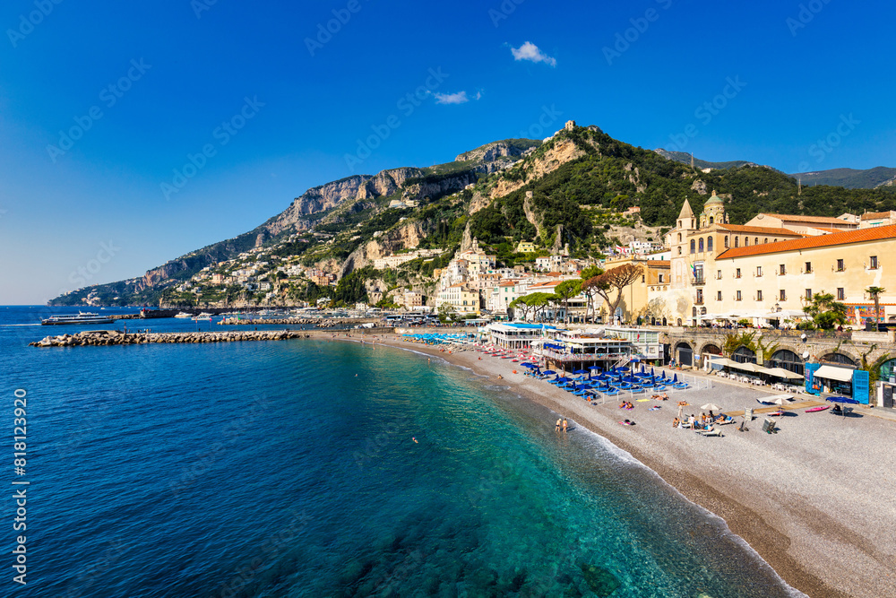 Fototapeta premium View of beautiful Amalfi town, Campania, Italy. Amalfi coast is most popular travel and holiday destination in Europe. Amalfi cityscape on coast line of mediterranean sea, Amalfi coast, Italy.