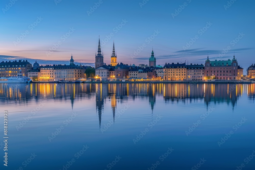 Fototapeta premium Serene Scandinavian City Skyline at Blue Hour with Minimalist Architecture