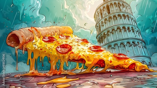 Whimsical Pizza Indulgence Leaning Tower of Pisa in a Humorous Cartoon