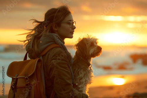 A girl with glasses and a backpack walks along a beach at sunset, her arms wrapped around a small, scruffy terrier mix. The dog's tail wags excitedly as they watch the waves crash, sharing a moment photo