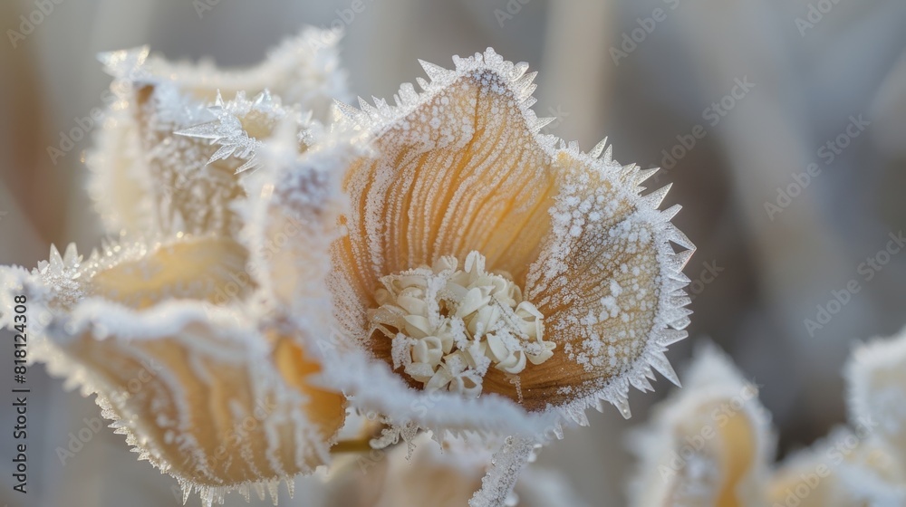 Frost flowers encasing a leaf creating a beautiful contrast of textures and temperatures in the winter landscape. Frost flowers encasing a leaf creating a beautiful contrast of textures and temperatures in the winter landscape.