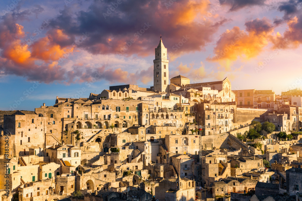Panoramic view of the ancient town of Matera (Sassi di Matera) in a beautiful autumn day, Basilicata, southern Italy. Stunning view of the village of Matera. Matera is a city on a rocky outcrop.