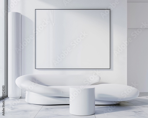 Minimalist interior with one large frame on a white wall, featuring a white form-fitting sofa and a sleek white cylinder table. photo