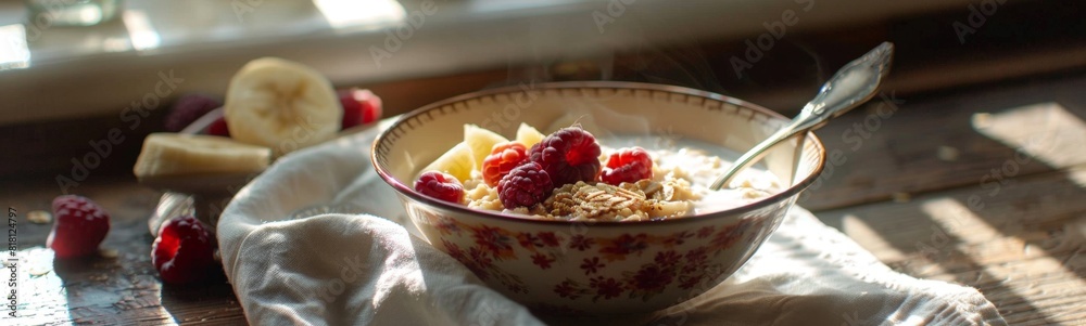 Bowl of cereal with fruit and a spoon, morning porridge, food background Bowl of cereal with fruit and a spoon, morning porridge, food background