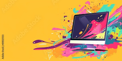 Abstract illustration of a desktop computer with a blank screen and a bright  colorful background.