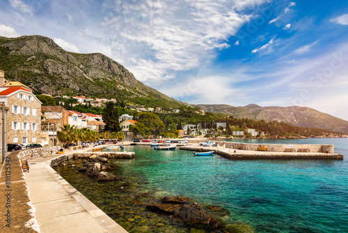 Idyllic village of Mlini in Dubrovnik archipelago view, south Dalmatia region of Croatia. Adriatic village of Mlini waterfront aerial view, Dubrovnik coastline of Croatia. photo