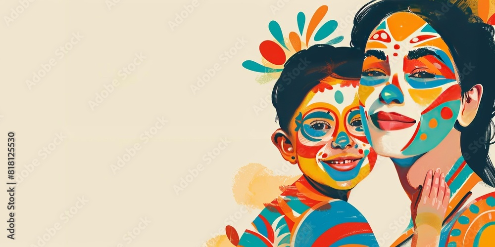 Colorful abstract painting of a mother and child with painted faces.