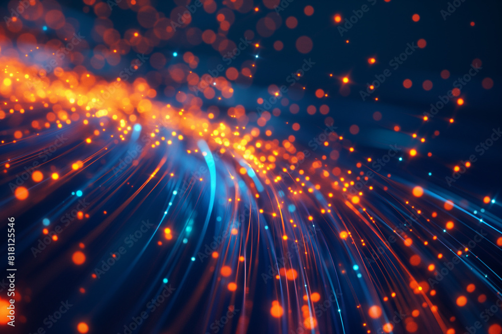 Glowing fiber optic cables with bokeh, Dynamic image of numerous fiber optic cables glowing with blue and orange lights, suggesting high-speed data transfer