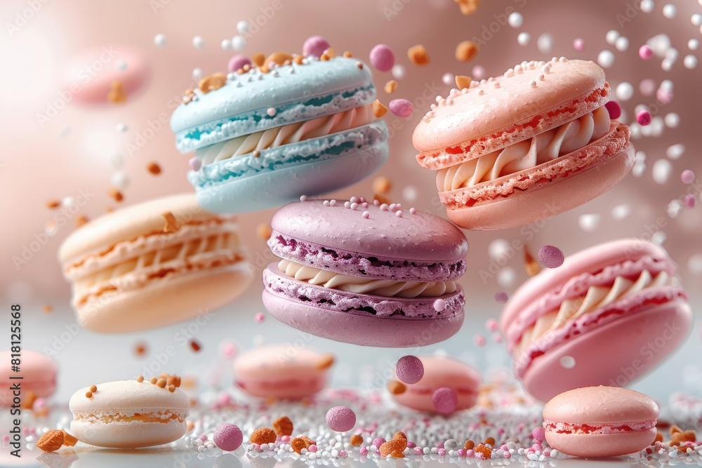 Colorful sweet macarons floating in the air professional advertising food photography Colorful sweet macarons floating in the air professional advertising food photography
