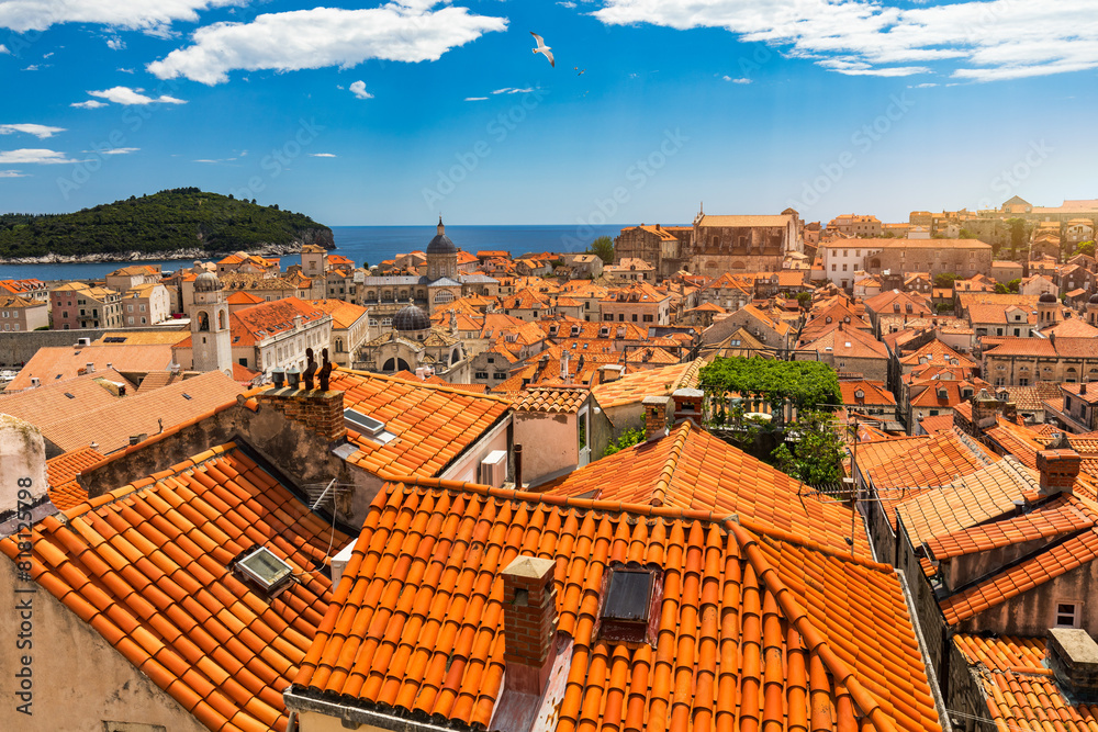 The aerial view of Dubrovnik, a city in southern Croatia fronting the Adriatic Sea, Europe. Old city center of famous town Dubrovnik, Croatia. Dubrovnik historic city of Croatia in Dalmatia.