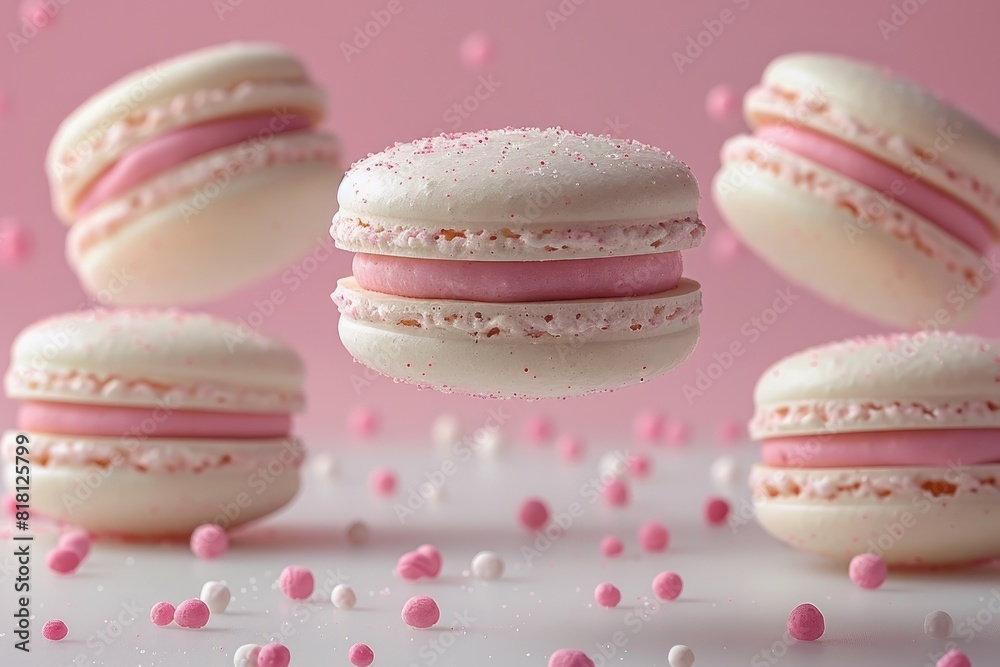 Colorful sweet macarons floating in the air professional advertising food photography Colorful sweet macarons floating in the air professional advertising food photography