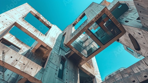 Deconstructivist building photo: fragmented designs, sharp angles, and mixed materials. photo