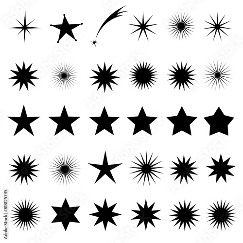 Variety of stars icons set flat vector design element black silhouette starburst
